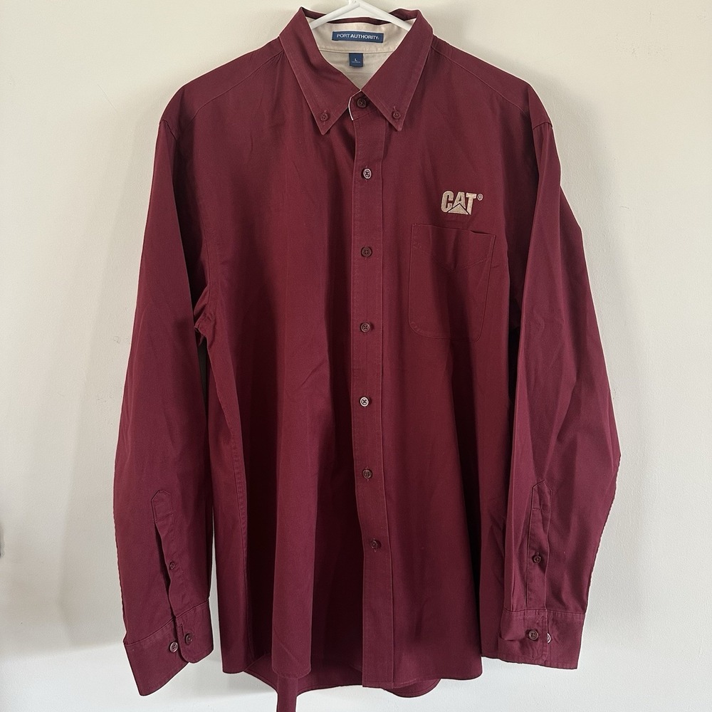 Mens Port Authority Long Sleeve Collar Shirt Large CAT Patch‎ Button Down Cotton